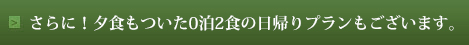 さらに！夕食もついた0泊2食の日帰りプランもございます。