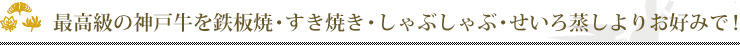 最高級の神戸牛を鉄板焼・すき焼き・しゃぶしゃぶ・せいろ蒸しよりお好みで！